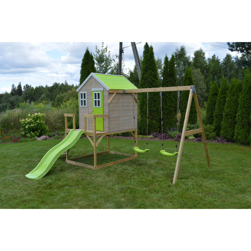 Casuta de gradina Lime Lodge cu platforma, tobogan si leagan dublu (M28L), Wendi Toys